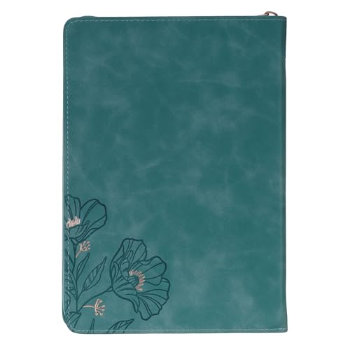 Christian Art Gifts Inspirational Zippered Journal, All Things Through Christ Wide Ruled Notebook, Phil. 4:13 Bible Verse, Teal Vegan Leather Floral, 336 Lined Pages w/scripture, (9” x 6.4” x .9”)