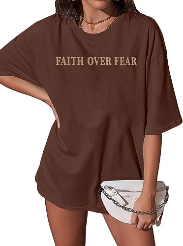 BANGELY Faith Over Fear Shirt Women Graphic Shirts Oversized Workout Gym Christian Religious Tees Drop Shoulder Tee Tops - color: Brown, size: X-Large