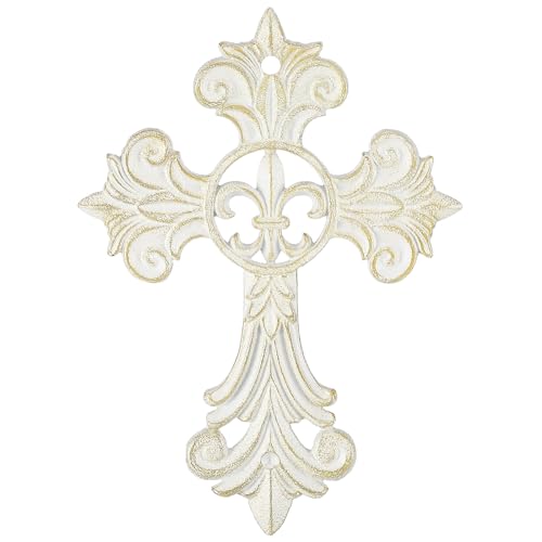 Cast Iron Wall Cross, 11.89"H Decorative Crosses for The Wall, Fleur De Lis Metal Cross Wall Decor, Distressed Hanging Crosses Wall Art for Home Living Room Bedroom Office Wedding Decoration - size: 8.7"L x 11.9"W