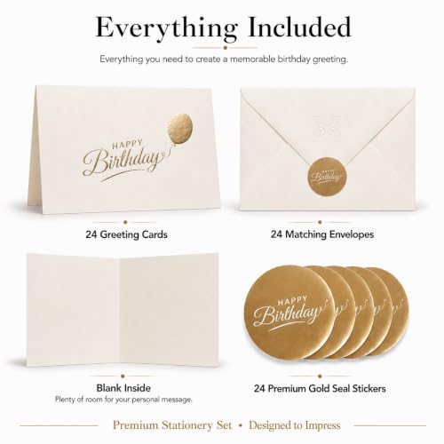 Happy Birthday Cards with Envelopes and Stickers, 24 Pack, Cream Greeting Cards with Gold Foil Balloon Design, Elegant Birthday Card Set for Friends, Family, Clients (Cream) - color: Cream