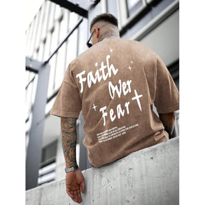 Christian Shirts for Men Faith Over Fear Acid Wash Tshirts Faith Religious Tees God Bible Verse Inspirational Tops - color: Coffee, size: Large