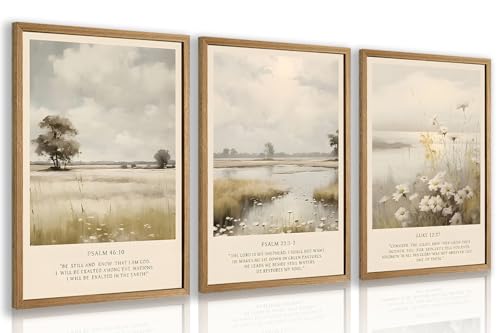 Cyebmo Christian Bible Verse Wall Art, Religious Wall Decor, Neutral Farmhouse Landscape Art Prints, Jesus Scripture Floral Canvas Painting for Church Prayer Room Hospitals Wood Framed 12"x16"x3 - color: BibleFlwoer(Wood), size: 16"L x 12"W