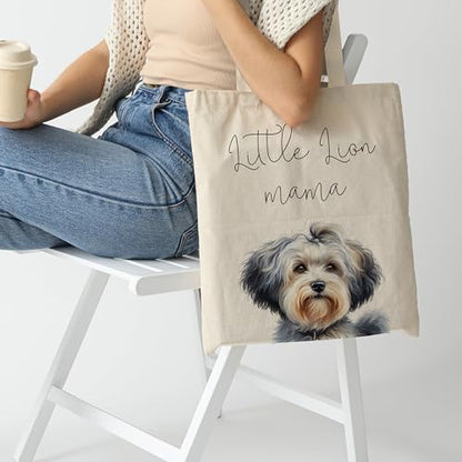 Dog Mom Canvas Tote Bag for Women, Reusable Cotton Shoulder Bag, Dog Lover Gift, Mother’s Day Pet Mom Shopping Tote - color: Little Lion