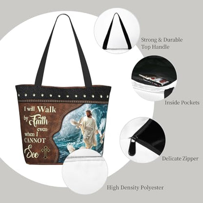 Bible Tote Bags for Women Christian Tote Bag Religious Church Bags for Women Organizer Christian Gift With Zipper - color: Jesus