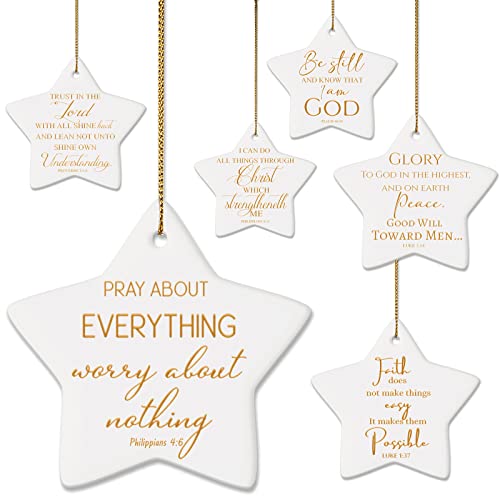 6 Pieces Christian Christmas Tree Ornaments Star Shaped Ceramic Ornament Flat Religious Bible Verse Inspirational Quotes Merry Christmas Keepsake Ornament Xmas Hanging Disc Ornaments for Appreciation