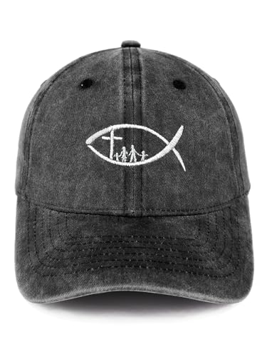 Cross Embroidered Hat for Men Women Dad Trucker Baseball Cap Adjustable - color: Fish Cross Black