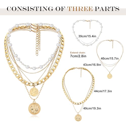 MJartoria Layered Necklaces for Women Trendy Retro Coin Pendant - color: Golden, style: Pearl-3PCS