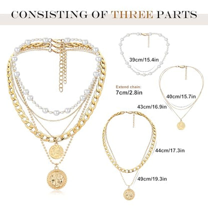 MJartoria Layered Necklaces for Women Trendy Retro Coin Pendant - color: Golden, style: Pearl-3PCS