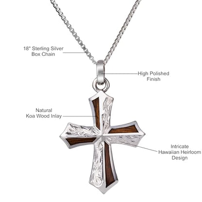 Sterling Silver Koa Wood Inlay Cross Crucifix Necklace Pendant with 18" Box Chain, Nickel Free Hypoallergenic for Sensitive Skin, Gift Box Included - color: Hawaiian Heirloom Cross