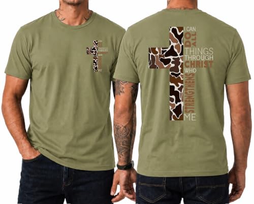Christian Shirts for Men I Can Do All Things Through Christ Cross T-Shirt - color: Green, size: Small