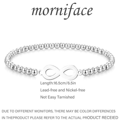 morniface Beaded Bracelet for Women, Handmade Stretch Bracelet with Charms, Dainty Stackable and Trendy Jewelry Gift - style: Silver Beaded-infinity