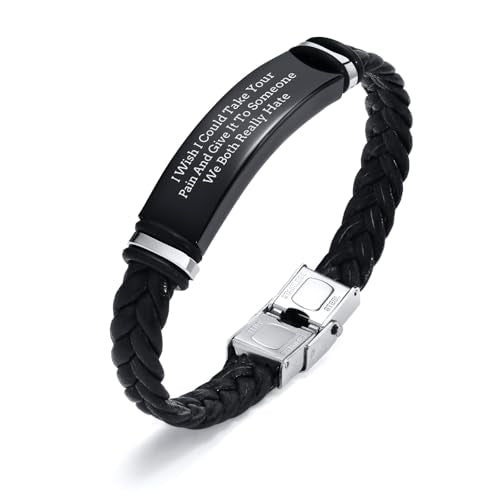 Leather Bracelet Sobriety Gifts for Men : Inspirational Quote/Bible Verse Engraved Braided Black Mens Bracelet for Him, Customized Religious Christian Gift Jewelry for Son/Dad/Boys/Boyfriend/Husband - style: 18:I Wish I Could Take Your Pain