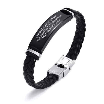 Leather Bracelet Sobriety Gifts for Men : Inspirational Quote/Bible Verse Engraved Braided Black Mens Bracelet for Him, Customized Religious Christian Gift Jewelry for Son/Dad/Boys/Boyfriend/Husband - style: 18:I Wish I Could Take Your Pain