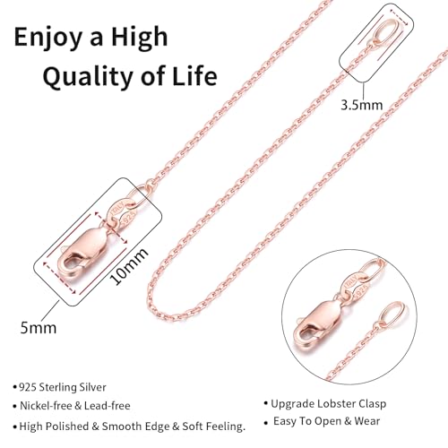 Jewlpire 18k Gold Plated 925 Sterling Silver Chain Necklace for Women, 1.1mm Cable Chains Necklace Thin & Dainty & Sturdy Women's Chain Necklaces, 14/16/17/18/20/22/24 Inches - color: Rose Gold, size: 20 Inch