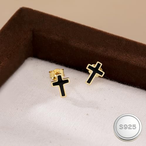Reffeer Solid 925 Sterling Silver Cross Stud Earrings for Women Teen Small Black Cross Earrings Studs - color: B-Yellow