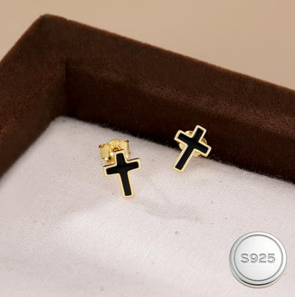 Reffeer Solid 925 Sterling Silver Cross Stud Earrings for Women Teen Small Black Cross Earrings Studs - color: B-Yellow