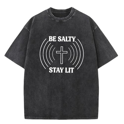 Be Salty Stay Lit Shirt Men Oversized Christian Graphic Tee Acid Wash Tshirt for Gym - color: Black-ripply, size: XX-Large