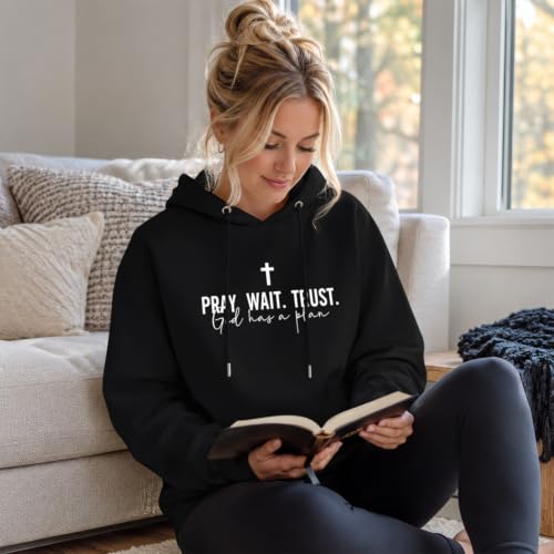 Wrenpies Christian Faith Hoodie for Women Jesus God Religious Bible Verse Hoodies Cross Pray Wait Trust Graphic Sweatshirt - color: Black, size: X-Large