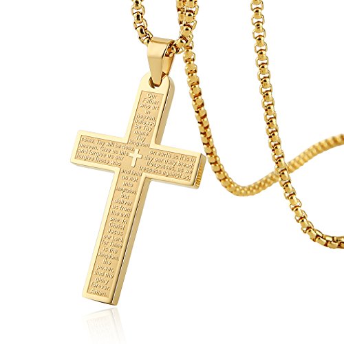 HZMAN Stainless Steel Cross Necklace for Men Women Lord's Prayer Pendant - color: Gold