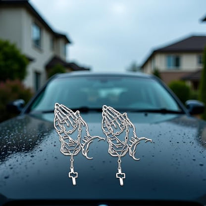 2 Pcs/Set White Hands Praying Pearl Jesus Car Sticker, Personalized Rosary Car Sticker, Waterproof Christ Decal Stickers Bumper Stickers for Laptop Motorcycle Door Wall Decoration