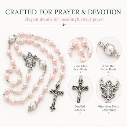 Catholic Pearl Cross Rosary Necklace — Ideal for Baptism, Prayer, Devotion — 6mm Glass Beads & 8mm Our Father Beads w/Caps, Miraculous Jewelry Box – Perfect Religious Gift for Women, Men - color: Pink