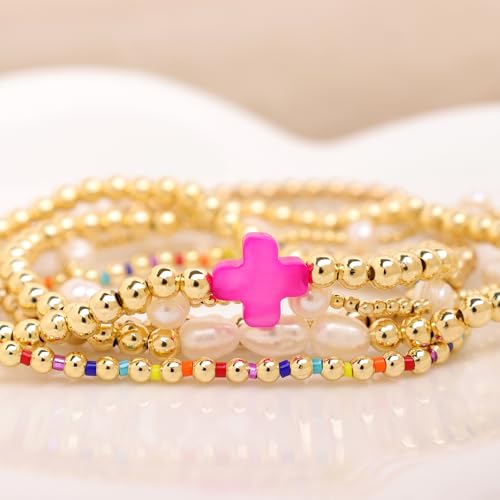 Gold Pearl Beaded Cross Bracelets Stack Set for Women, Boho Handmade Colorful Small Beads Stretchable Jewelry Friendship Summer Trendy Gift. - color: fuchsia