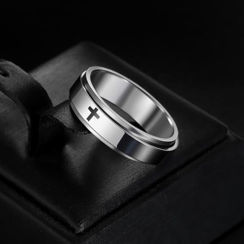 Mens Fidget Rings Anxiety Ring for Men 6mm 8mm Chain Spinner Ring Size 5-14 - color: Jet Silver