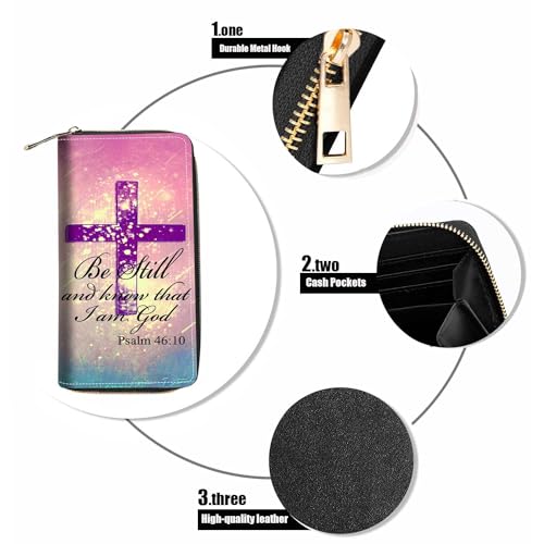 Christian Cross Bible Verse Psalm 46:10 Print Wallet for Women Large Capacity Wallet Credit Card Holder PU Leather Zipper Clutch Purse Phone Wallet - color: Christian Cross Bible Verse Psalm 46:10