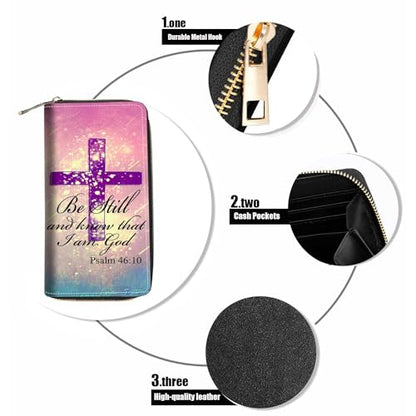 Christian Cross Bible Verse Psalm 46:10 Print Wallet for Women Large Capacity Wallet Credit Card Holder PU Leather Zipper Clutch Purse Phone Wallet - color: Christian Cross Bible Verse Psalm 46:10