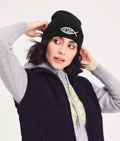 Christian Jesus Fish Beanie Hat for Men Women, Cuffed Beanie Jesus Hats, Religious Gifts for Christmas, New Years - color: Black, style: Jesus Fish