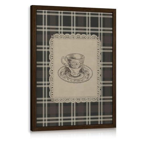 Dynazo Wood Framed Vintage Teacup Wall Art, Rustic Tea Bar Decor, Neutral Plaid Farmhouse Poster Print, French Country Cottagecore Tea Time Artwork for Living Room Kitchen Dining Room 16x24 Inch - color: PlaidCoffee, size: 24"L x 16"W