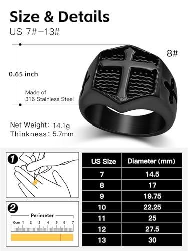 Christian Cross Rings for Men - Stainless Steel Jesus Jewelry with Celtic Knot Sides (Gold/Black/Silver) - Catholic Religious Gift, Size 7-13 - color: B-Black-Cross
