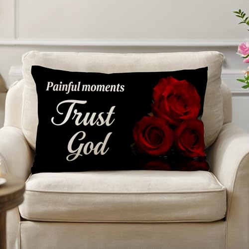 Christian Faith Throw Pillow Covers 12x20 Inch Inspirational Bible Verse White Rose Decorative Pillowcases Church Religious Cushion Covers 4Pack, Gift for Christian & Faith Lovers (Red) - color: Red