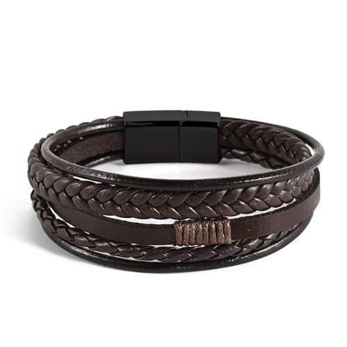 Leather Bracelet for Men Braided Stainless Steel Mens Bracelets - color: Brown-BlackBuckle