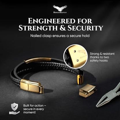 RogueRaven Black Leather Bracelet for Men – Premium Collection – Brown Black Gold Silver | Genuine Leather Mens Bracelet with Stainless Steel Clasp [Adjustable] | In Luxury Gift Box - color: black gold
