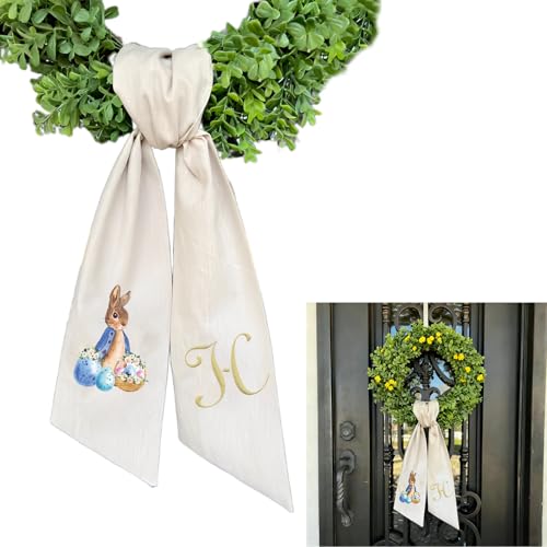Rabbit Easter Wreath Bow Custom Embroidered Monogram Spring Bunny Wreath Sash for Front Door Hand Tailored Easter Decorations Spring Bows for Wreaths (H) - color: H