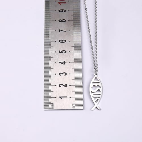 Ichthus Necklace for Women Christian Jesus Fish Necklace Christ Fish Cross Ichthys Pendant Necklace Ichthus Fish Religious Symbol Pendant Christian Jewelry Gift - color: silver