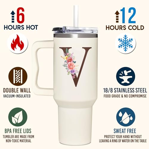 Personalized Gifts for Women, Customized Mother's Day, Birthday, Xmas Gift For Grandma, Mom, Wife, Friends, Sisters, Coworkers, Monogrammed Tumbler 40oz with Lid and Straw - color: V