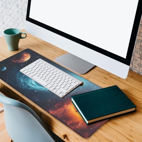 Galaxy Space Gaming Mouse Pad Black Hole Solar Extended Mousepad Waterproof Stitched Edges Rubber Base Non-Slip Deskmap Computer Keyboard Mat 31.5x11.8 Inch - color: Galaxy Space, size: 31.5" x 11.8"