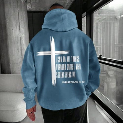 Tuislay Mens I Can Do All Things Through Christ Hoodies Christian Jesus Hoodie Religious Cross Sweatshirt Faith Pullover Tops - color: Deep Blue, size: Small