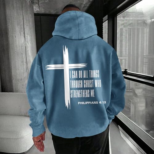 Tuislay Mens I Can Do All Things Through Christ Hoodies Christian Jesus Hoodie Religious Cross Sweatshirt Faith Pullover Tops - color: Deep Blue, size: Medium