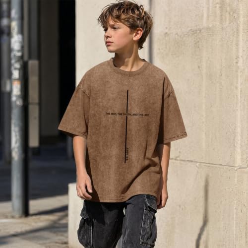 Boys Christian Shirts for Kids Jesus God Bible Verse Religious Faith T Shirt Youth Acid Wash Cross Graphic Tees Tops - color: Coffee, size: 5-6 Years
