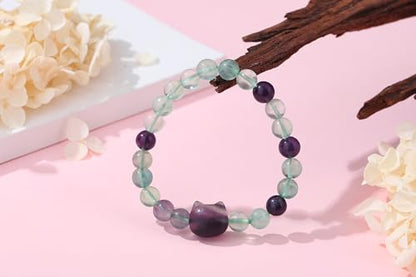 XIANNVXI Crystal Bracelet for Women Men 8 mm Natural Stone Beaded Bracelets Cat Bracelets Cross Bracelets Heart Bracelelt Jewelry for Women Birthday Gifts Stretch Bracelet - color: Multi-Fluorite