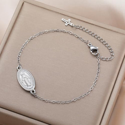 VASSAGO Virgin Mary Bracelet for Women Men Double-Sided Virgen de Guadalupe Rosary Bracelet Medal Handmade Braided Rope Catholic Christian Religious Jewelry Gift - color: Silver 9