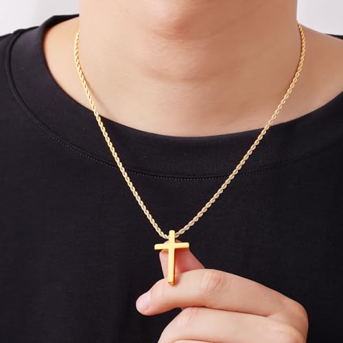 Fiusem Cross Necklace for Men, 2.5mm Rope Chain with Pendant - size: 20 Inch, style: Small gold cross: 1.2" * 0.73"