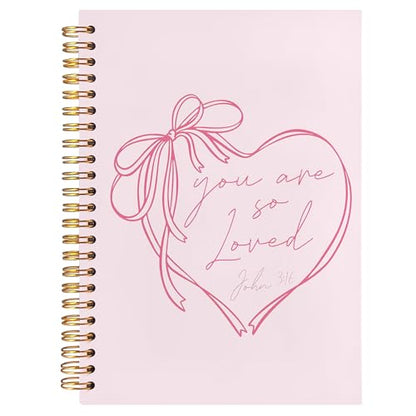 BearCake Coquette Pink Bow Christian Notebook Journal, Christian Gifts for Women, You Are So Loved Bible Journaling Prayer for Women, Preppy Aesthetic Hardcover Spiral Notebook 5.5x8.3 - color: white Bible-3:16