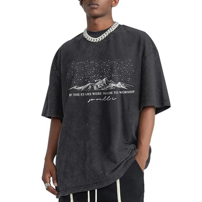 Christian Faith God Shirts for Men Jesus Bible Verse Shirt Oversized Acid Wash Tshirts Star Mountain Graphic Tees - color: Black, size: Small