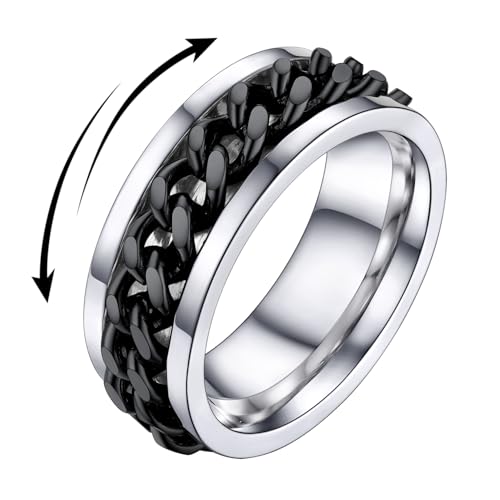 U7 Stainless Steel Mens Rings,7mm Gold/Black/Silver Chain Rings Fidget Spinner Ring Anxiety Ring for Men Women,Size 6-14 - color: Inlaid Chain Ring-Black