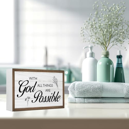 With God All Things are Possible Bible Verse Wooden Box Sign Desk Decor,Rustic Scripture Wooden Block Plaque Sign for Christian Farmhouse Home Office Shelf Table Wall Decor