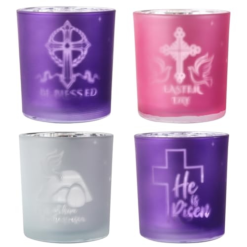 SHMILMH Easter Decorations for Religious Home Decor, He is Risen Decor Table Centerpiece, Christian Easter Decor Frosted Glass Votive Tealight Candle Holders Set of 4